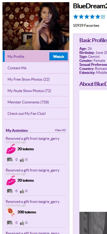 Screenshot of BlueDream21's profile on Cams.com
