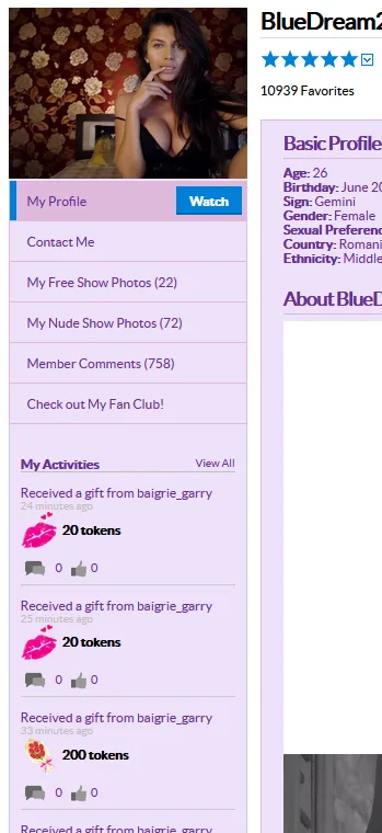 Screenshot of BlueDream21s profile on Camscom