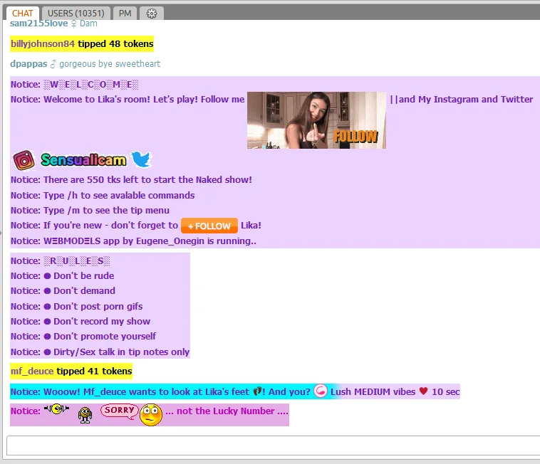 Screenshot of chat room on Chaturbate showing member tipping a camgirl