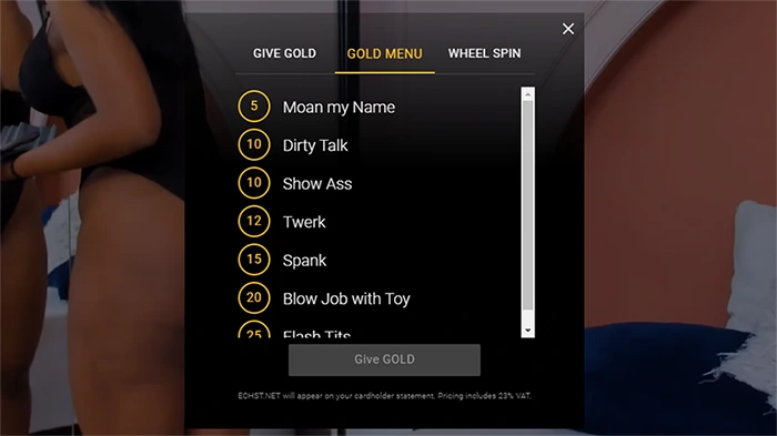 Gold Menu Options on Streamate